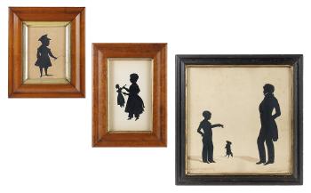 Two British Portrait Silhouettes of a Father and Children at Play by 
																	Augustin Edouart